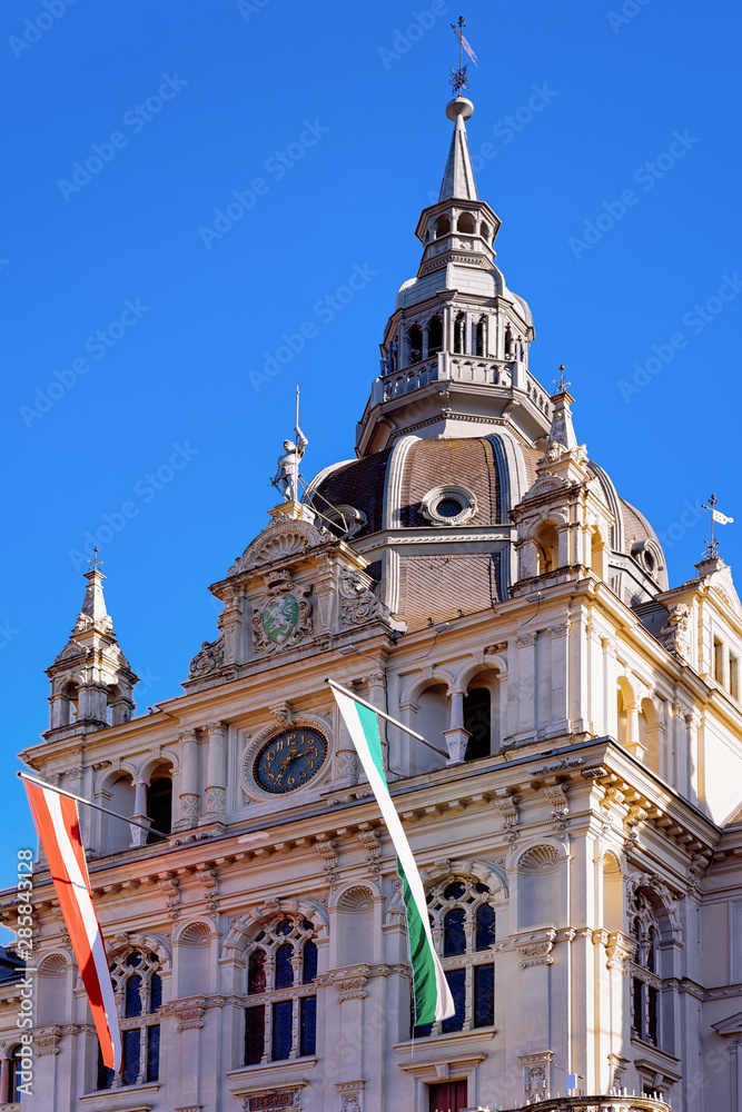 Town Hall with flags on Hauptplatz square in Graz