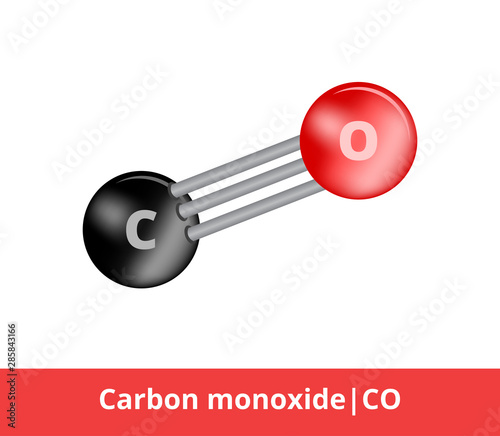 Vector ball-and-stick model of chemical substance. Icon of carbon monoxide molecule CO consisting of carbon and oxygen. Structural formula with one triple bond isolated on a white background.