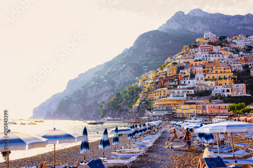 Fototapeta Naklejka Na Ścianę i Meble -  People Beach in Positano town on Amalfi Coast