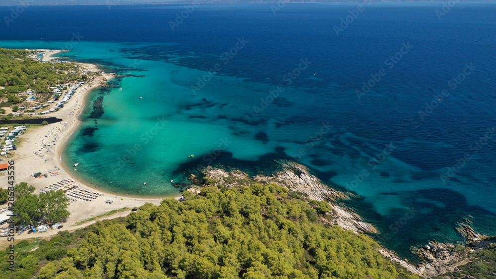 Aerial drone photo of secluded turquoise sandy beaches of South Sithonia peninsula, Halkidiki, North Greece Aerial drone photo of secluded turquoise sandy beaches of South Sithonia peninsula, Halkidiki, North Greece