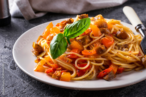 Pasta with eggplant, pepper and tomatoes