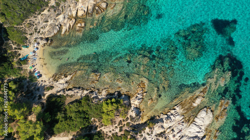 Aerial drone photo of iconic turquoise paradise rocky beach of Kavourotripes in Sithonia Peninsula, Halkidiki, North Greece © aerial-drone