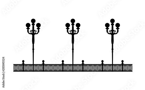 Street black promenade example for design. Architectural solution template editable EPS10 file, illustration lanterns on the waterfront. Stylish Urban graphics.