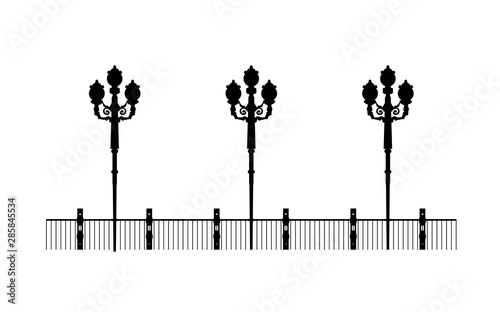 Street black promenade example for design. Architectural solution template editable EPS10 file, illustration lanterns on the waterfront. Stylish Urban graphics.
