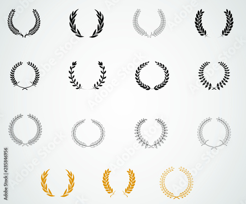 Set of different vintage silhouette laurel foliate, olive, and wheat wreaths depicting an award, achievement, heraldry, nobility, emblem, logo, border. Vector illustration