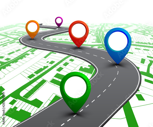 Road with GPS navigation on city map. Car road, street, highway roadmap infographics – stock vector