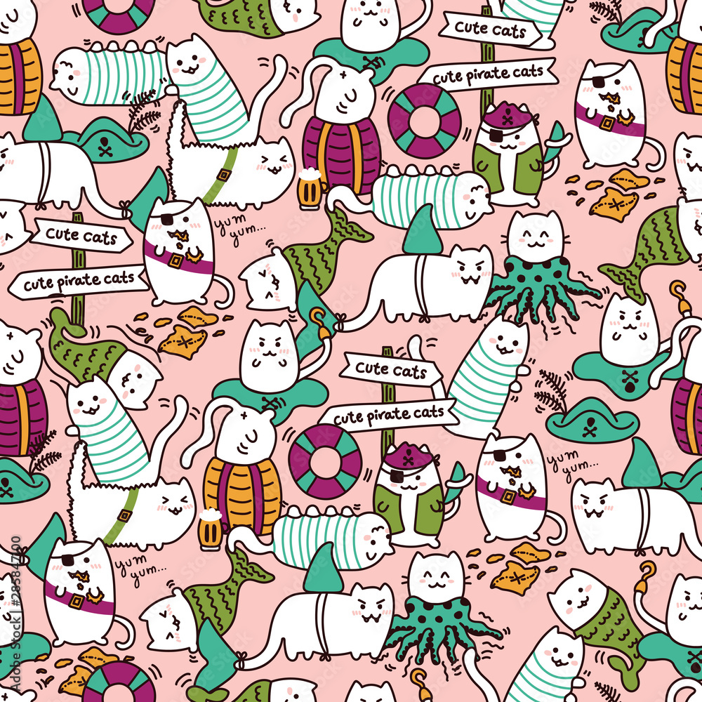Kawaii pirate cats, super cute, happy, crowded, colorful seamless pattern in pink. Talk like a pirate day and halloween design for backgrounds, textile, wrapping paper and wallpaper Kawaii pirate cats, super cute, happy, crowded, colorful seamless pattern in pink. Talk like a pirate day and halloween design for backgrounds, textile, wrapping paper and wallpaper