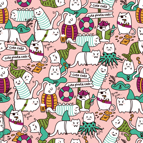 Kawaii pirate cats, super cute, happy, crowded, colorful seamless pattern in pink. Talk like a pirate day and halloween design for backgrounds, textile, wrapping paper and wallpaper