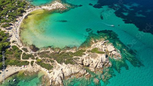 Aerial drone photo of iconic turquoise paradise sandy twin beaches of Karidi in Sithonia Peninsula  Vourvourou bay  Halkidiki  North Greece