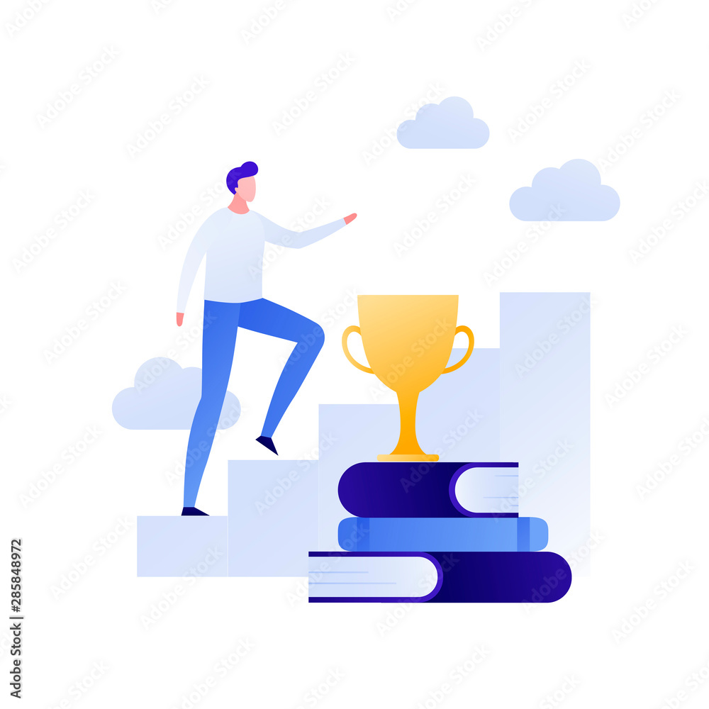 Vector modern flat education illustration. Male person going up by stairway with books and cup elements. Concept of training, improvement, knowledge. Design for posters, flyers, cards, banners
