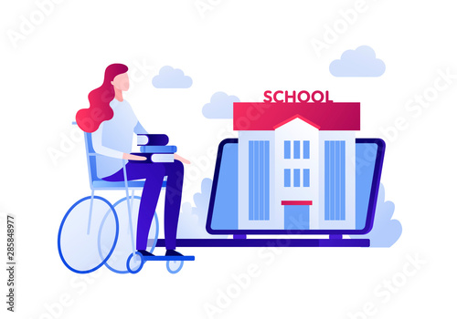 Vector modern flat education illustration. Disabled woman sitting in wheelchair with book. Concept of online learning, university, courses. Design for posters, flyers, cards, banners