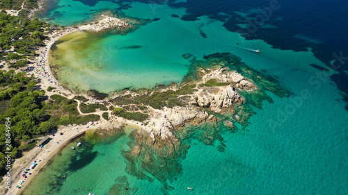 Fototapeta Naklejka Na Ścianę i Meble -  Aerial drone photo of iconic turquoise paradise sandy twin beaches of Karidi in Sithonia Peninsula, Vourvourou bay, Halkidiki, North Greece