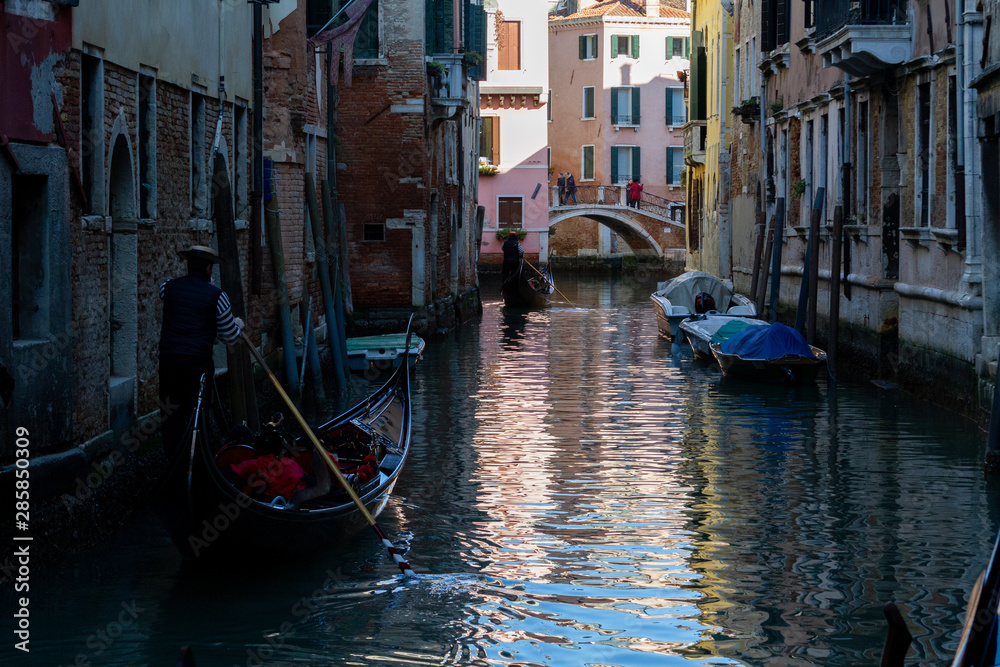 Venezia (Venice), Italy. 2 February 2018. Gondolas and boats on the rivers of Venice.