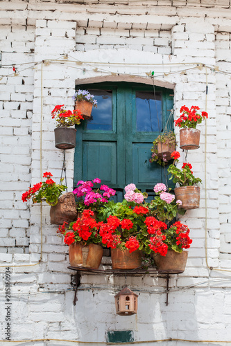 Detail of the beautiful antique houses of the small town of Mongui in Colombia photo