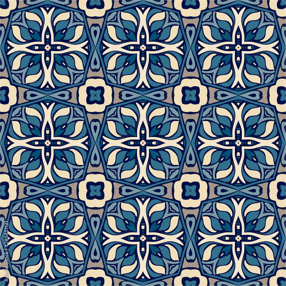 Seamless colorful patchwork tile with Islam, Arabic, Indian, ottoman motifs. Ceramic tile in talavera style.