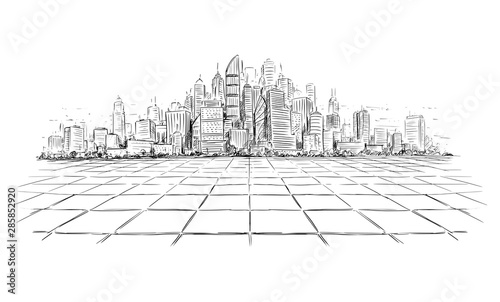 Vector artistic sketchy pen and ink drawing illustration of generic city high rise cityscape landscape with skyscraper buildings, view from empty brick floor.