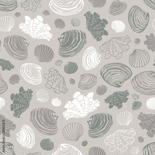 Vector neutral grey repeat pattern with variety of clam seashells. Suitable for textile, giftwrap and wallpaper.
