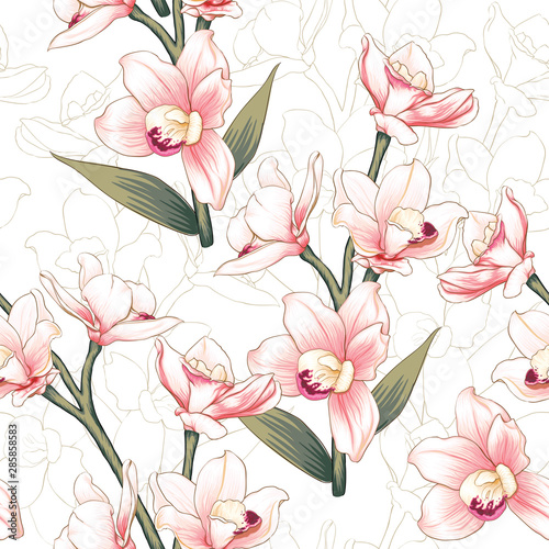 Seamless pattern botanical pink Orchid flowers on abstract white backgground.Vector illustration drawing watercolor style.For used wallpaper design,textile fabric or wrapping paper.
