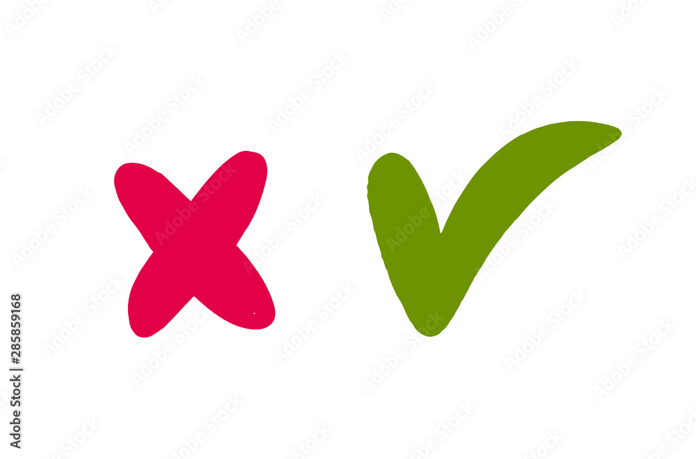 Doodle Red cross and green tick isolated on white background. Right and ...