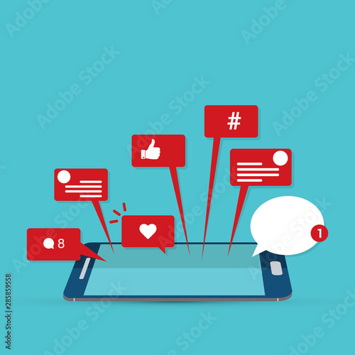 Viral content, social activity and smm - likes, shares and comments popping up on the mobile screen. Vector illustration