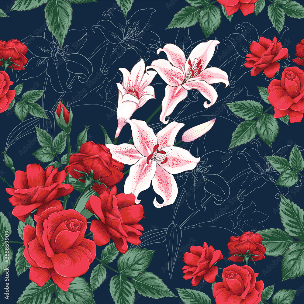 Seamless pattern beautiful red Rose flowers and Lilly blue dark background.Vector illustration hand drawing line art. Seamless pattern beautiful red Rose flowers and Lilly blue dark background.Vector illustration hand drawing line art.