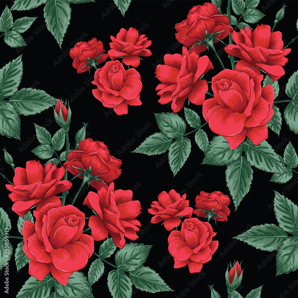 Seamless pattern beautiful red Rose flowers on black color   illustration hand drawing line art. Stock Vector | Adobe Stock