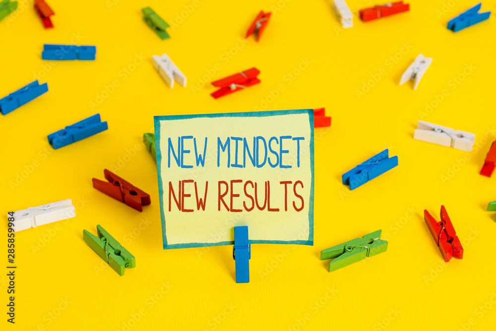 Text sign showing New Mindset New Results. Business photo text obstacles are opportunities to reach achievement Colored clothespin papers empty reminder yellow floor background office Text sign showing New Mindset New Results. Business photo text obstacles are opportunities to reach achievement Colored clothespin papers empty reminder yellow floor background office