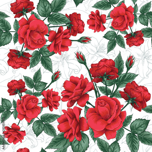 Seamless pattern beautiful red Rose flowers and Lilly blue dark background.Vector illustration hand drawing line art. © NOPPHACHAI