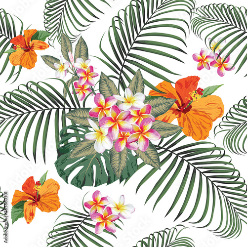 Seamless pattern tropical summer with pink pastel Frangipani red Hibiscus flowers and monstera leaves abstract background.Watercolor Drawing Vector illustration.