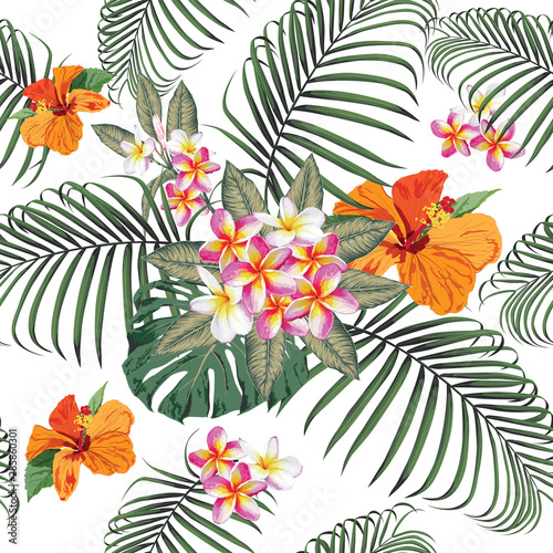 Seamless pattern tropical summer with pink pastel Frangipani,red Hibiscus flowers and monstera leaves abstract background.Watercolor Drawing Vector illustration.