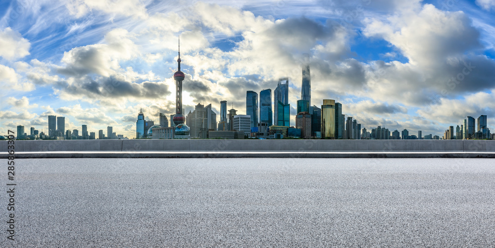 Empty highway and beautiful city buildings scenery in Shanghai,China.