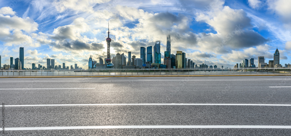 Empty highway and beautiful city buildings scenery in Shanghai,China.