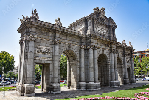 Madrid, Spain - July 22, 2019: Puerta de Alcala arch in Plaza de la Independencia