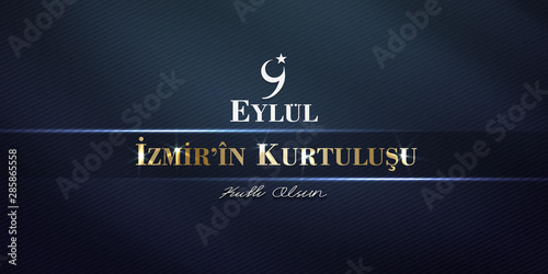 (Turkish: 9 Eylul Izmir’in Kurtulusu) September 9, Salvation of Izmir. Republic of Turkey National Celebration Card - English “September 9, Salvation of Izmir" Typographic Badge. Turkish flag symbol.