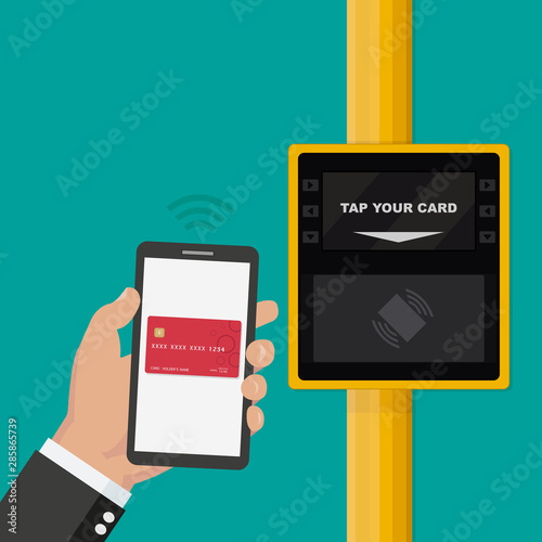 Hand holding smartphone near terminal. Airport, metro, bus, subway ticket validator. Wireless contactless cashless payments. Flat vector illustration