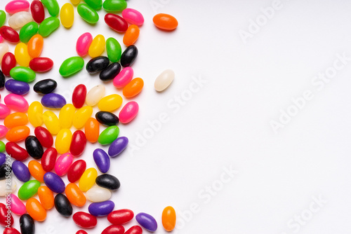 colorful jelly beans candies white background Top view