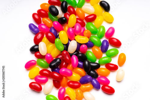 colorful jelly beans candies white background Top view