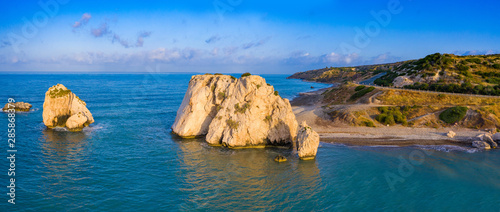 Panorama of the island of Cyprus. Rock Of Aphrodite. View of the rock of Aphrodite from a height. The Village Of Kouklia. Petra-Tu-Romiou. Beach on the Mediterranean sea. Travel to the Mediterranean