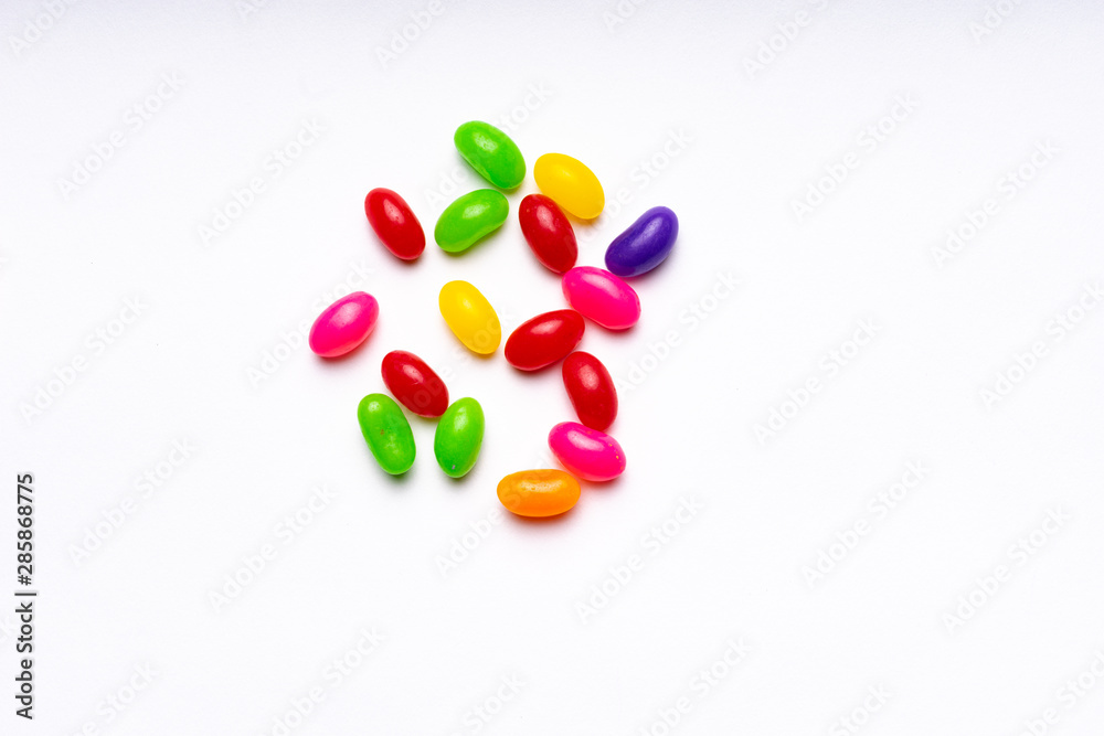 colorful jelly beans candies white background Top view