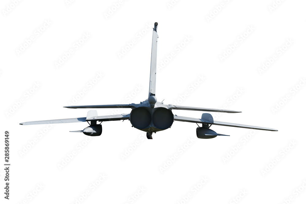 Fighter jet plane in flight, military aircraft, army airplane isolated on white background, bottom view Fighter jet plane in flight, military aircraft, army airplane isolated on white background, bottom view