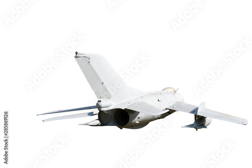 Fighter jet plane in flight, military aircraft, army airplane isolated on white background, bottom view