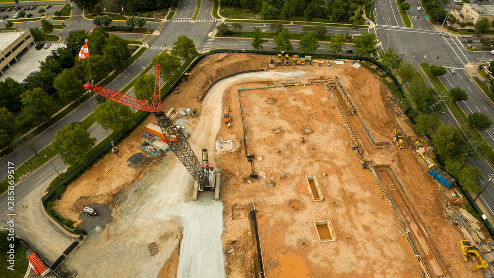 Aerial view of crane at Rockville, Montgomery , Maryland construction site Aerial view of crane at Rockville, Montgomery , Maryland construction site