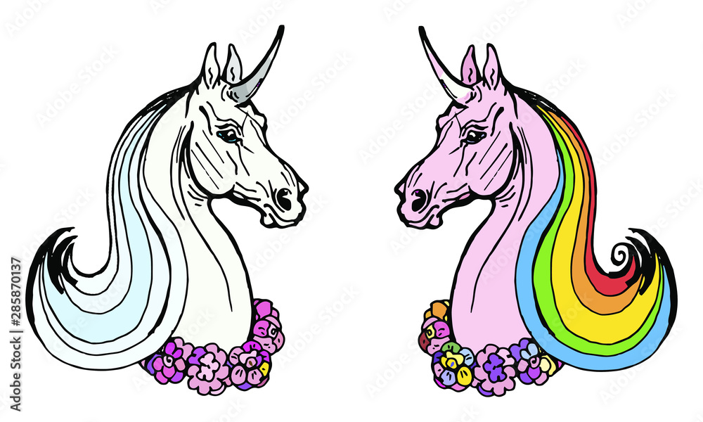 vector isolated image. two unicorn heads on white and colored
