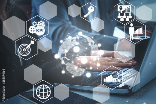 KPI Key Performance Indicator for Business Concept - Modern graphic interface showing symbols of job target evaluation and analytical numbers for marketing KPI management. photo