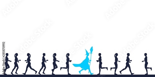 Running women. Side view silhouettes. Witch silhouette with a broomstick. Human differences