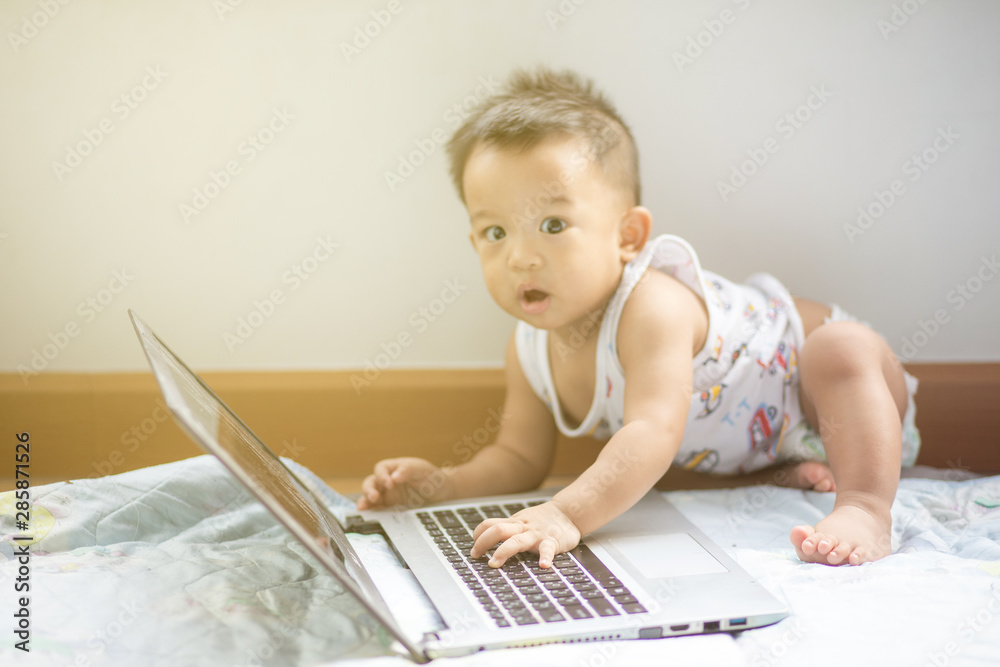 Baby boy working with laptop on blanket in cozy room Baby boy working with laptop on blanket in cozy room