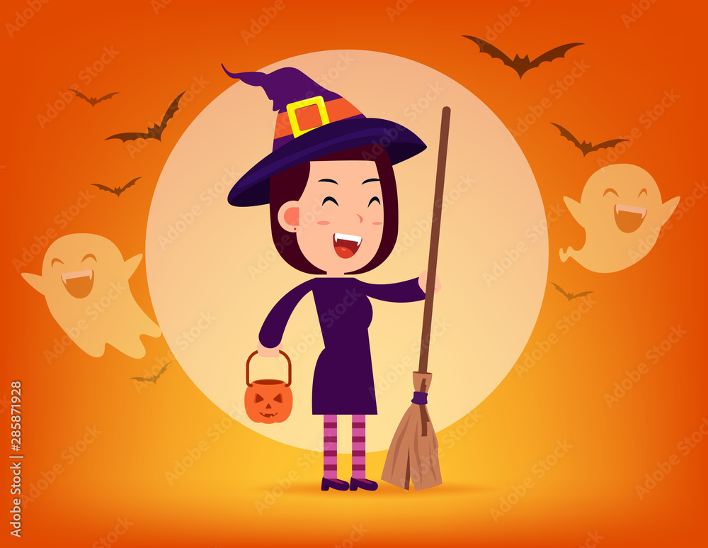 Witch. Halloween costume concept, Cute witch demon, Kid in Halloween celebration
