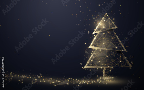 Gold christmas tree and Sparkling lights garland from lines, triangles and particle style design. Illustration vector