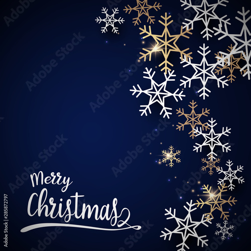 Merry christmas and Happy new year postcard. Abstract sparkling gold and white snowflake with Christmas calligraphy on dark blue background
