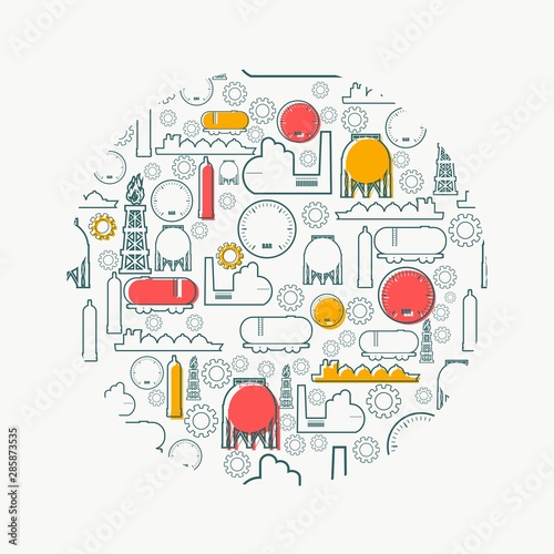 Energy and Power icons set. Design concept of natural gas industry. Circle with industrial line icons.